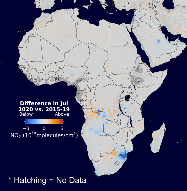 The average minus the baseline nitrogen dioxide image over Africa for July 2020.