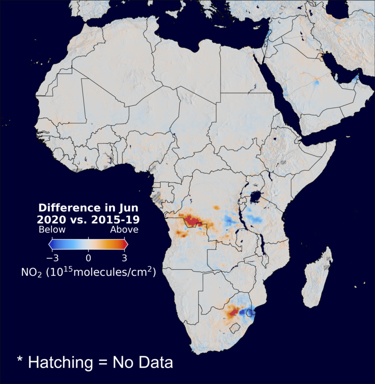 The average minus the baseline nitrogen dioxide image over Africa for June 2020.