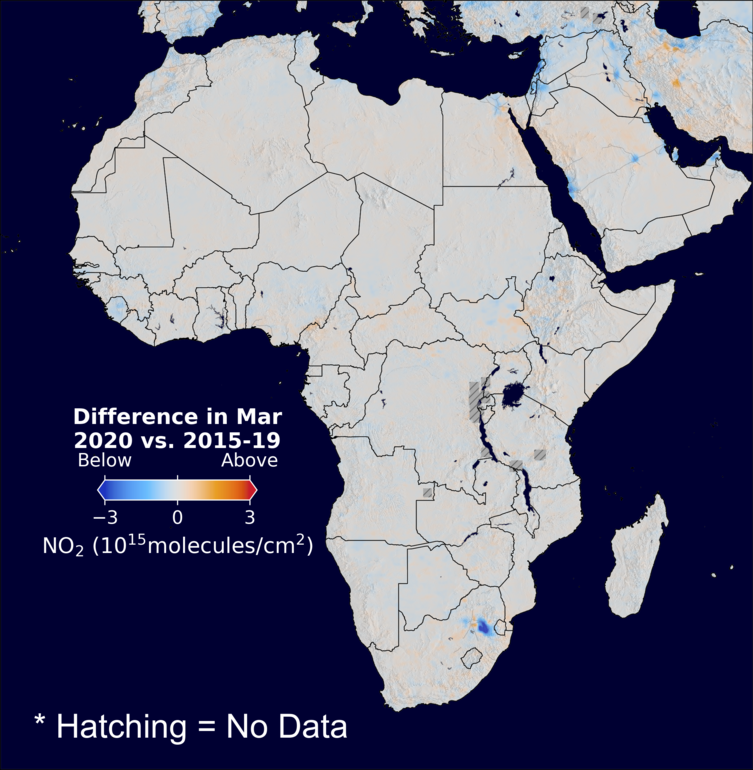 The average minus the baseline nitrogen dioxide image over Africa for March 2020.