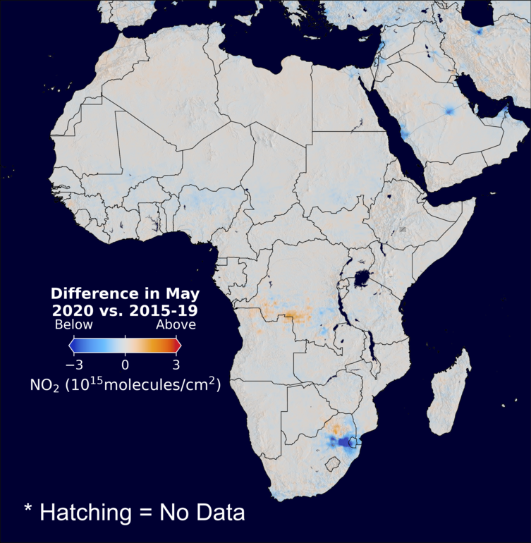 The average minus the baseline nitrogen dioxide image over Africa for May 2020.
