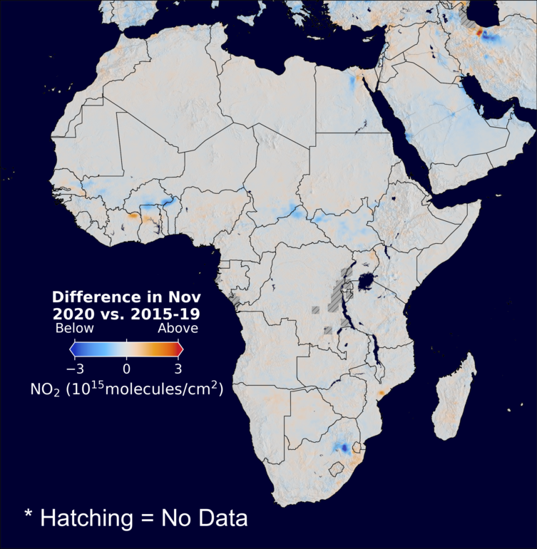 The average minus the baseline nitrogen dioxide image over Africa for November 2020.