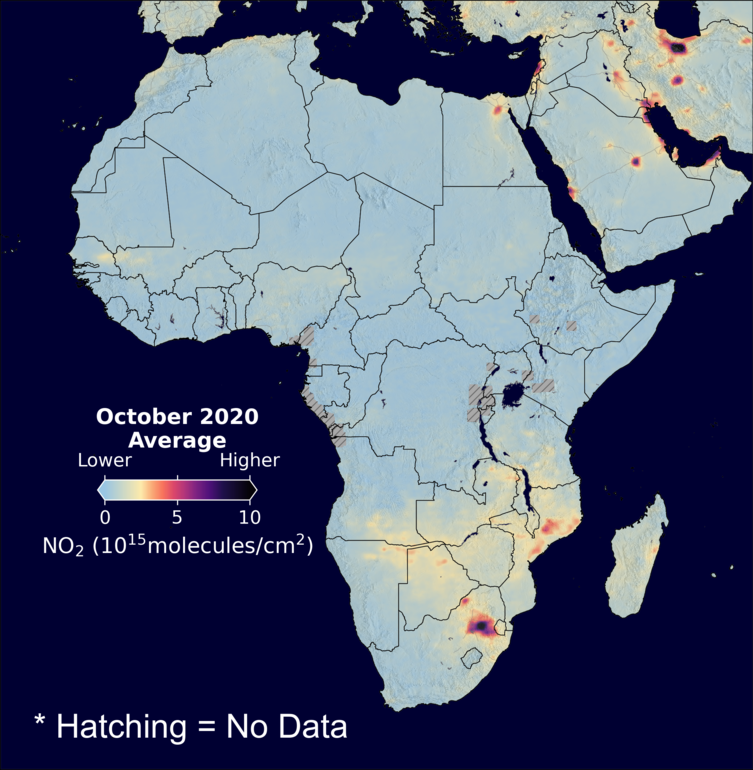 An average nitrogen dioxide image over Africa for October 2020.