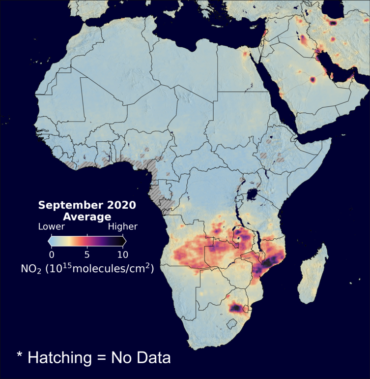 An average nitrogen dioxide image over Africa for September 2020.