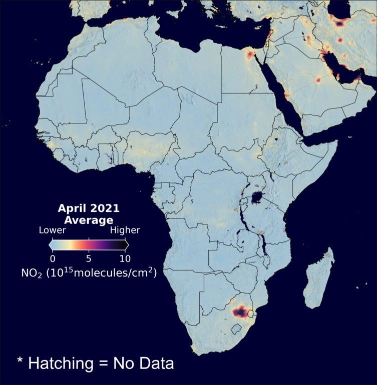 An average nitrogen dioxide image over Africa for April 2021.