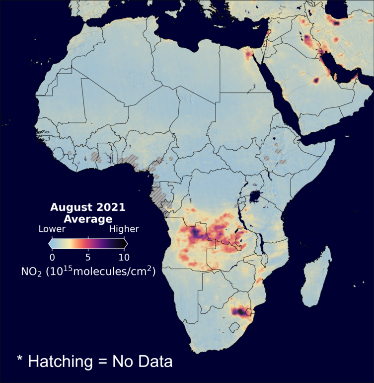 An average nitrogen dioxide image over Africa for August 2021.