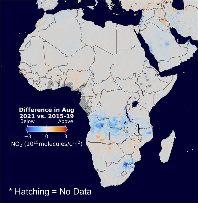 The average minus the baseline nitrogen dioxide image over Africa for August 2021.
