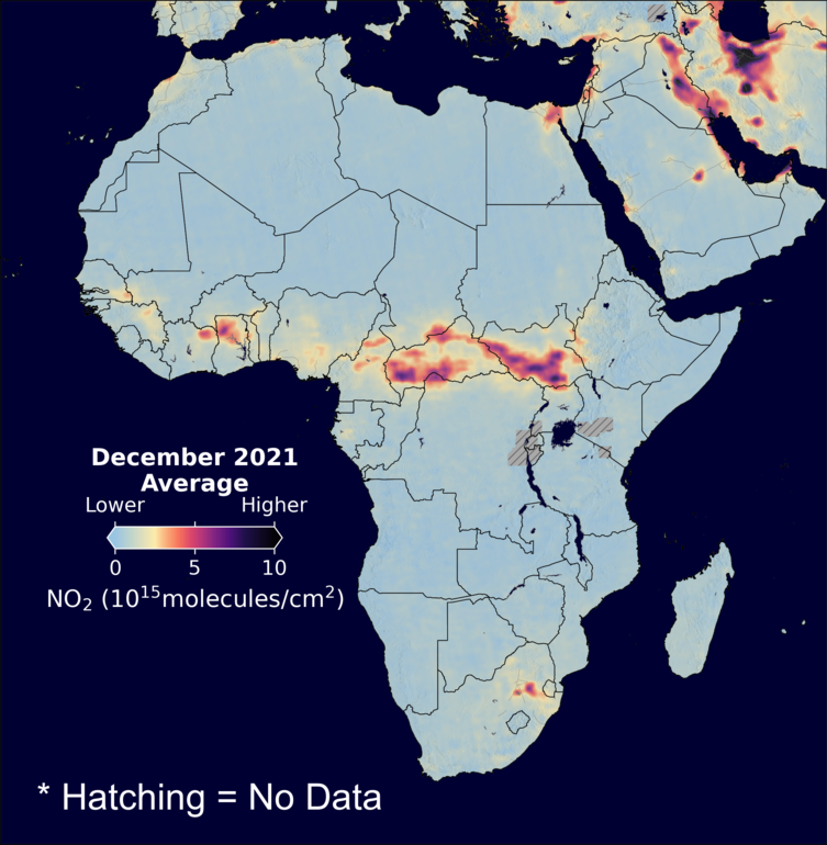 An average nitrogen dioxide image over Africa for December 2021.
