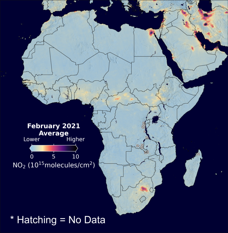 An average nitrogen dioxide image over Africa for February 2021.