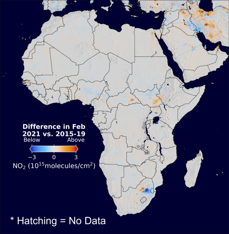 The average minus the baseline nitrogen dioxide image over Africa for February 2021.