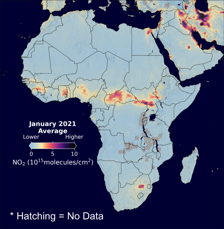 An average nitrogen dioxide image over Africa for January 2021.