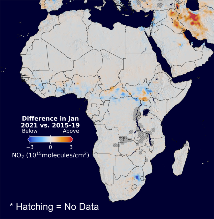 The average minus the baseline nitrogen dioxide image over Africa for January 2021.