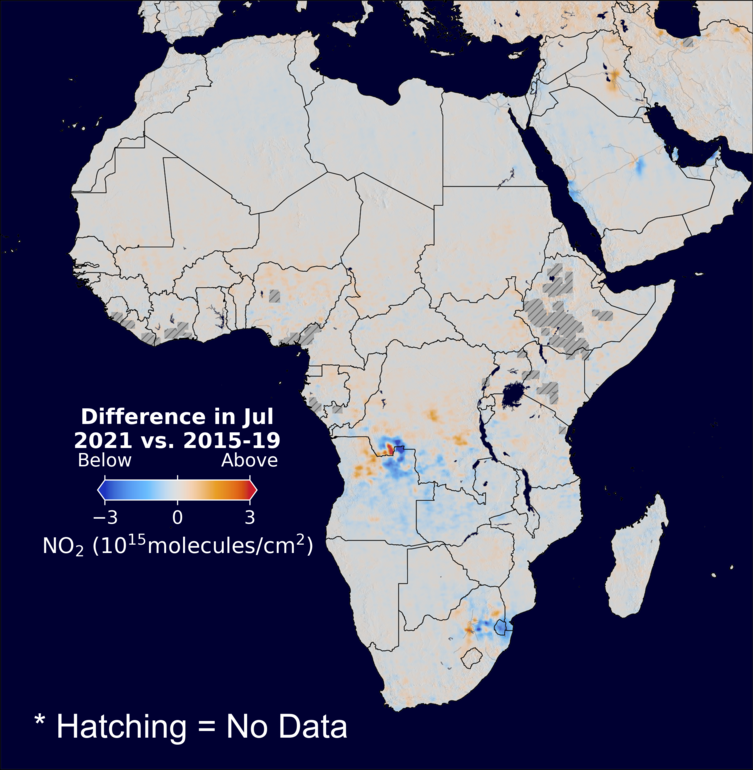 The average minus the baseline nitrogen dioxide image over Africa for July 2021.