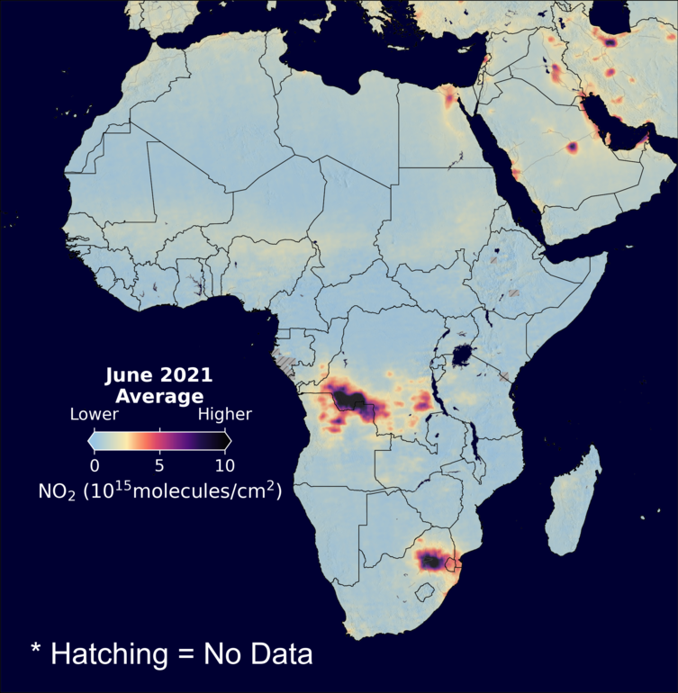 An average nitrogen dioxide image over Africa for June 2021.