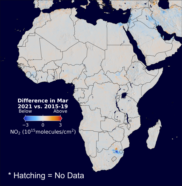 The average minus the baseline nitrogen dioxide image over Africa for March 2021.