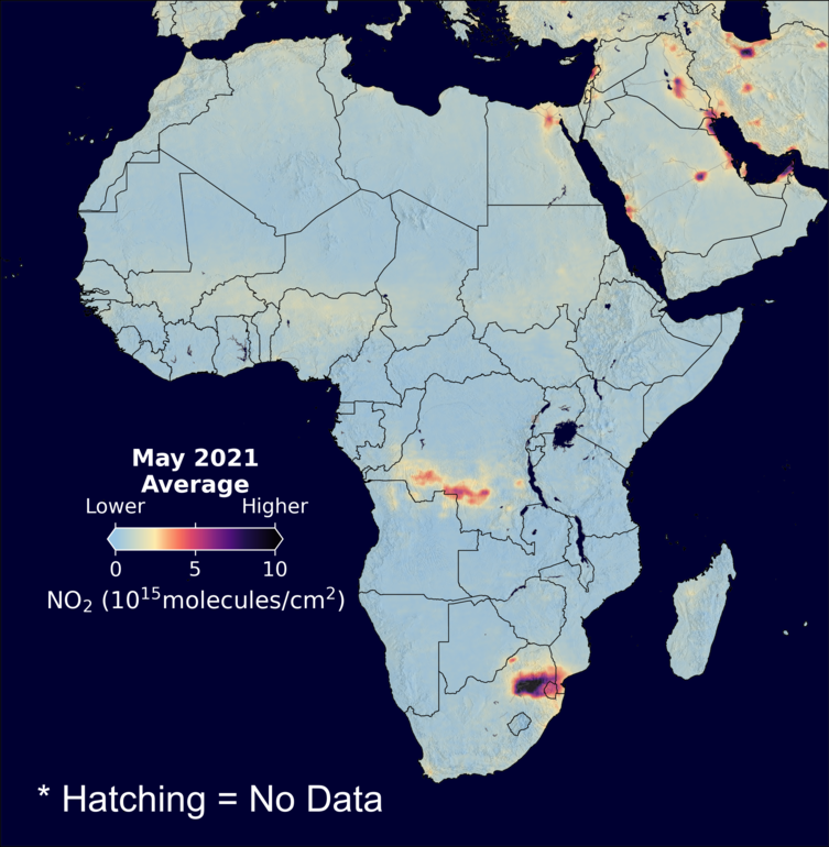An average nitrogen dioxide image over Africa for May 2021.