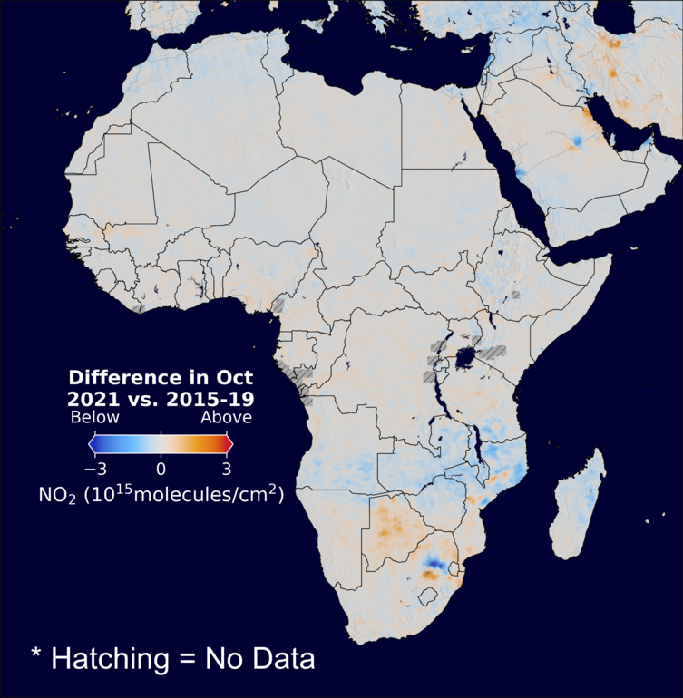 The average minus the baseline nitrogen dioxide image over Africa for October 2021.