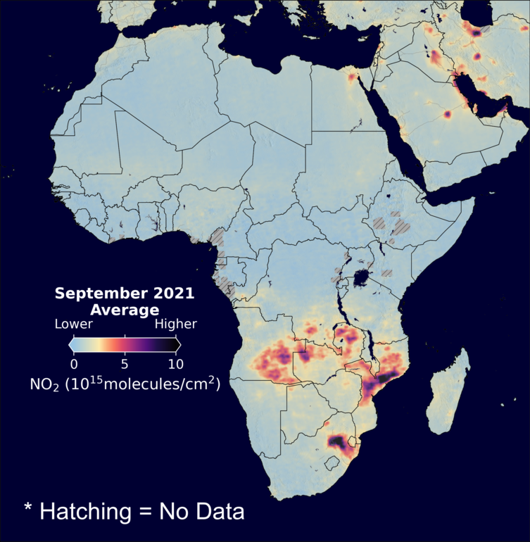 An average nitrogen dioxide image over Africa for September 2021.