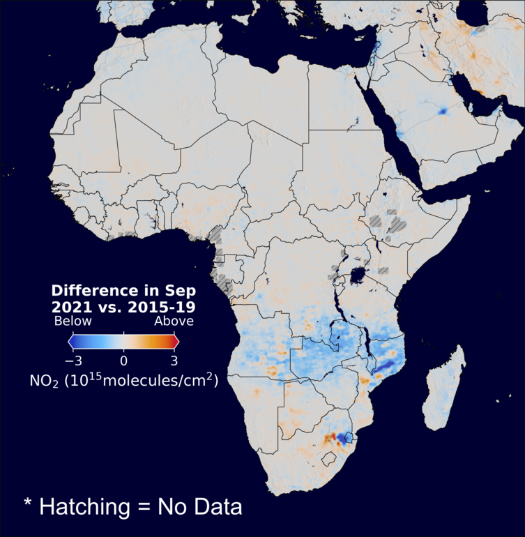 The average minus the baseline nitrogen dioxide image over Africa for September 2021.