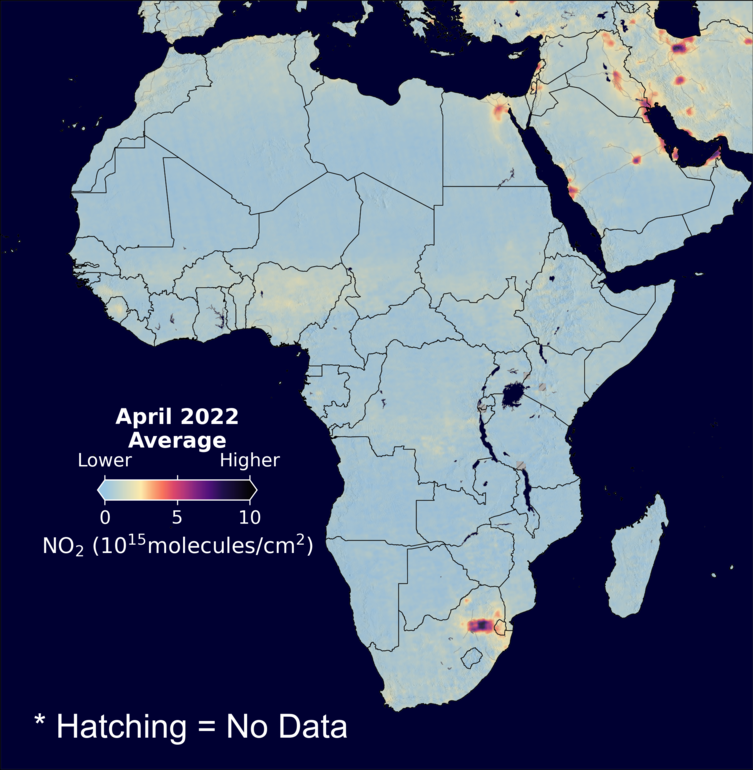An average nitrogen dioxide image over Africa for April 2022.