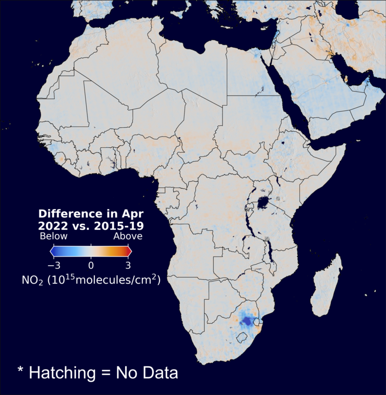 The average minus the baseline nitrogen dioxide image over Africa for April 2022.