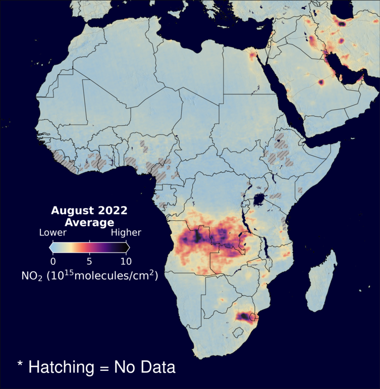 An average nitrogen dioxide image over Africa for August 2022.