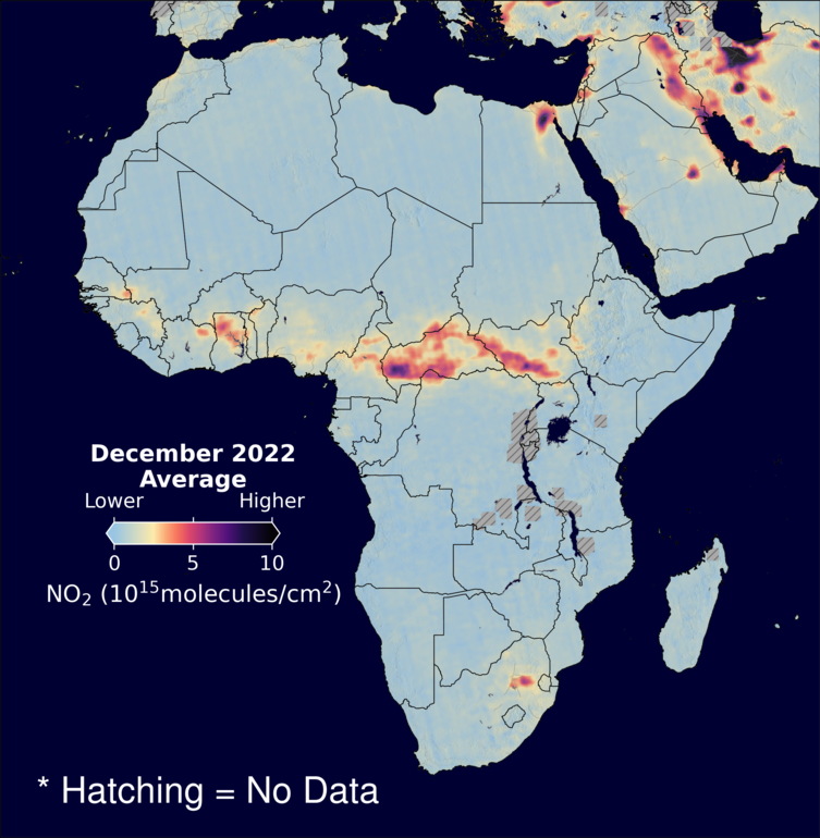 An average nitrogen dioxide image over Africa for December 2022.