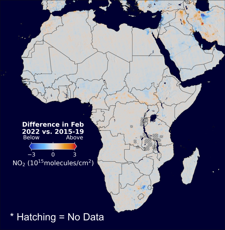 The average minus the baseline nitrogen dioxide image over Africa for February 2022.