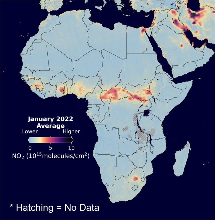 An average nitrogen dioxide image over Africa for January 2022.