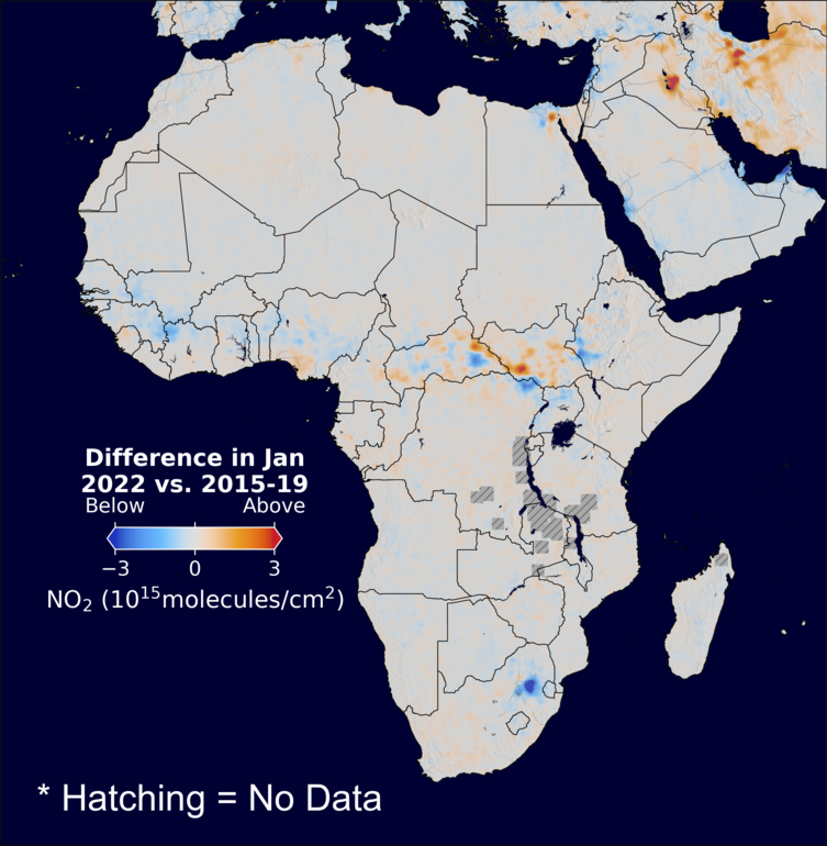 The average minus the baseline nitrogen dioxide image over Africa for January 2022.