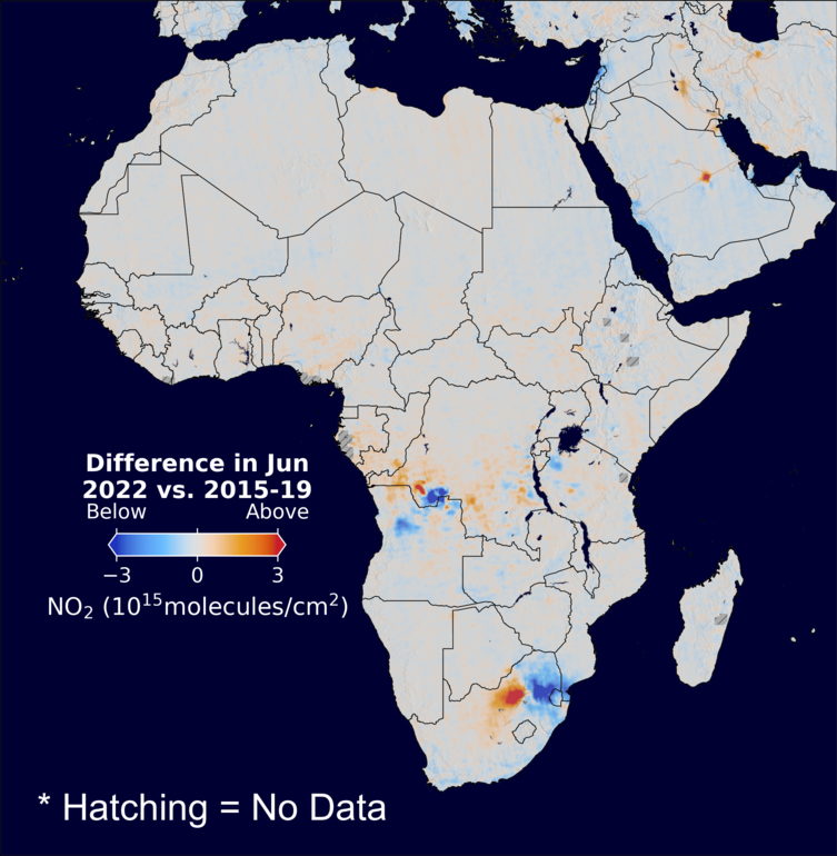 The average minus the baseline nitrogen dioxide image over Africa for June 2022.