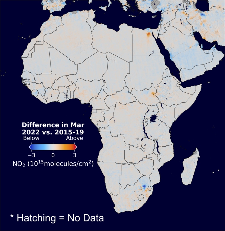 The average minus the baseline nitrogen dioxide image over Africa for March 2022.