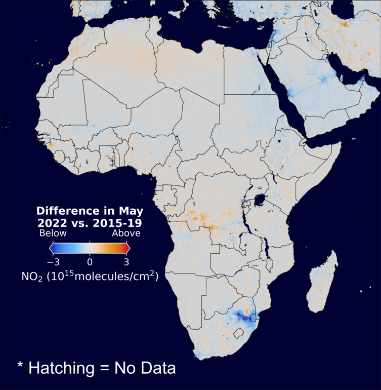 The average minus the baseline nitrogen dioxide image over Africa for May 2022.