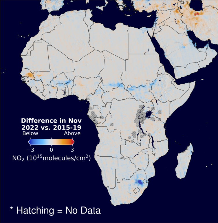 The average minus the baseline nitrogen dioxide image over Africa for November 2022.