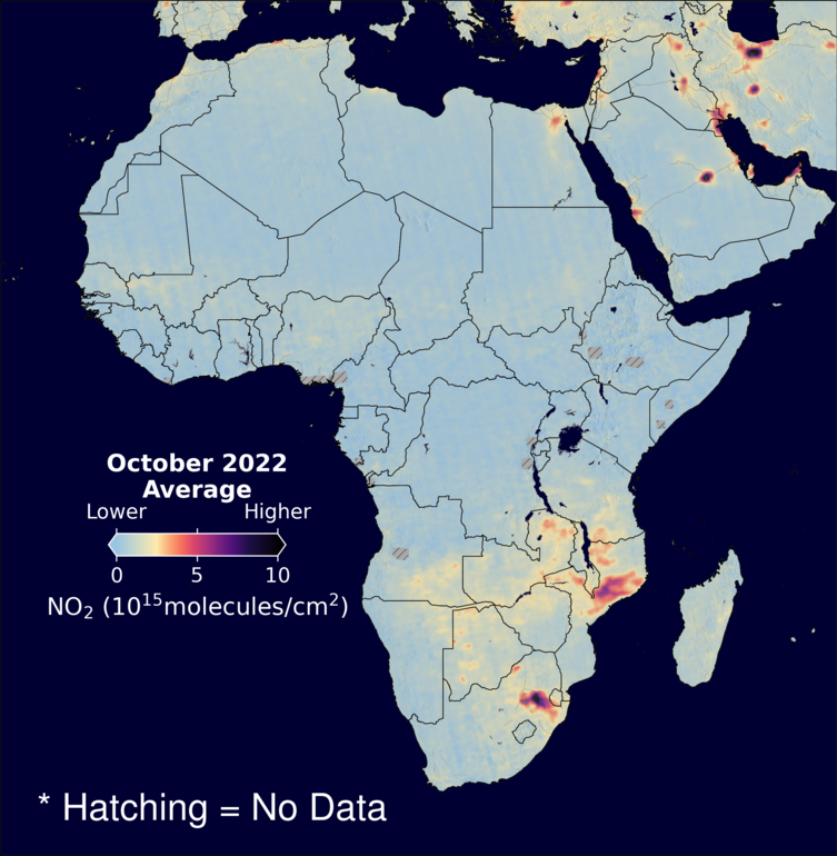 An average nitrogen dioxide image over Africa for October 2022.