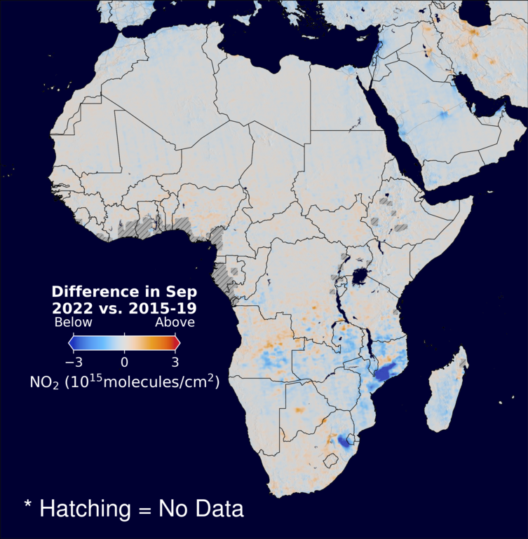 The average minus the baseline nitrogen dioxide image over Africa for September 2022.
