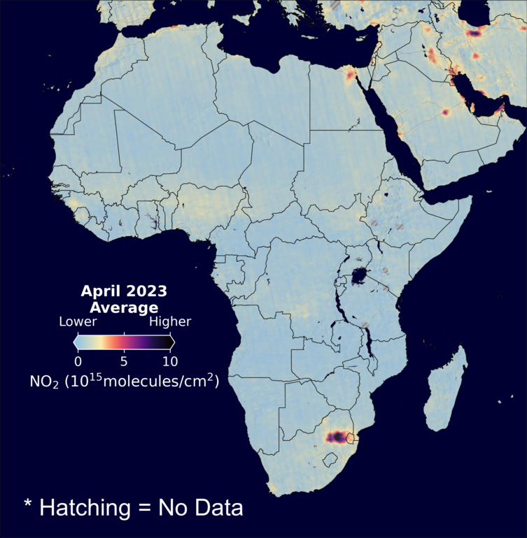 An average nitrogen dioxide image over Africa for April 2023.