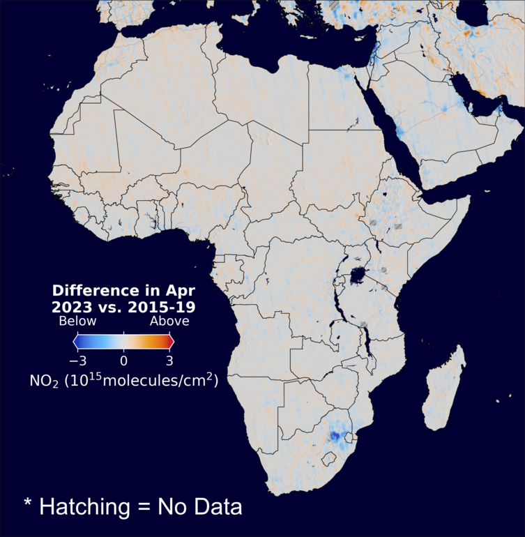 The average minus the baseline nitrogen dioxide image over Africa for April 2023.