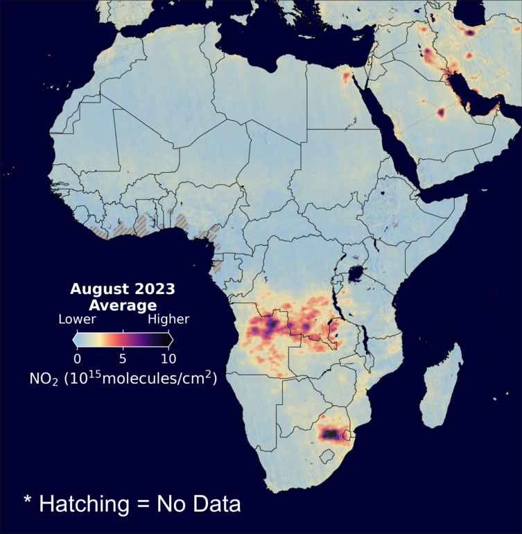An average nitrogen dioxide image over Africa for August 2023.