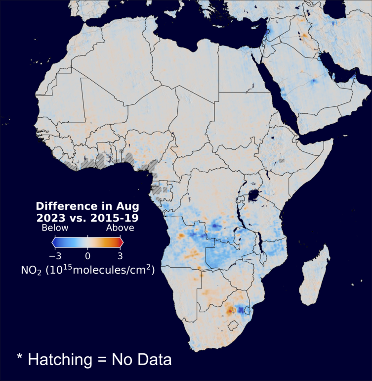 The average minus the baseline nitrogen dioxide image over Africa for August 2023.