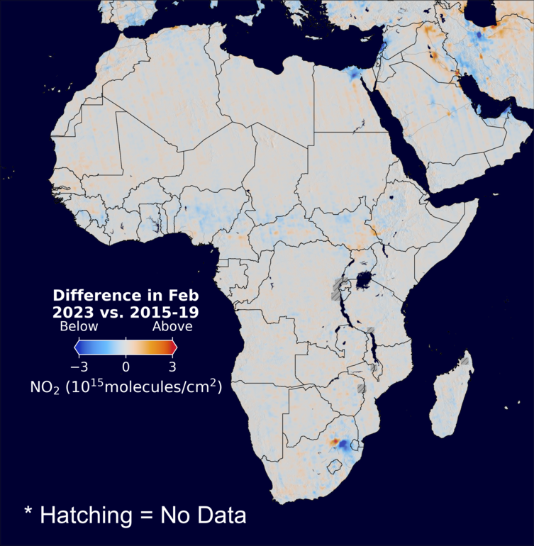 The average minus the baseline nitrogen dioxide image over Africa for February 2023.