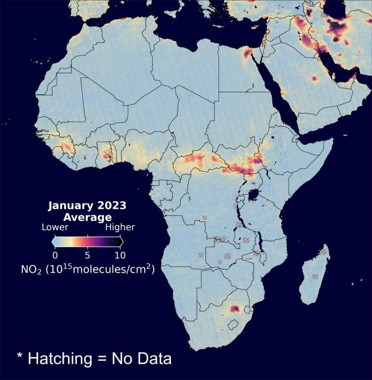 An average nitrogen dioxide image over Africa for January 2023.
