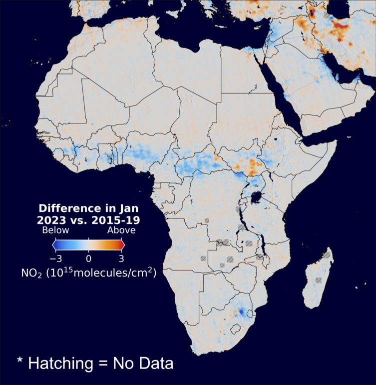The average minus the baseline nitrogen dioxide image over Africa for January 2023.