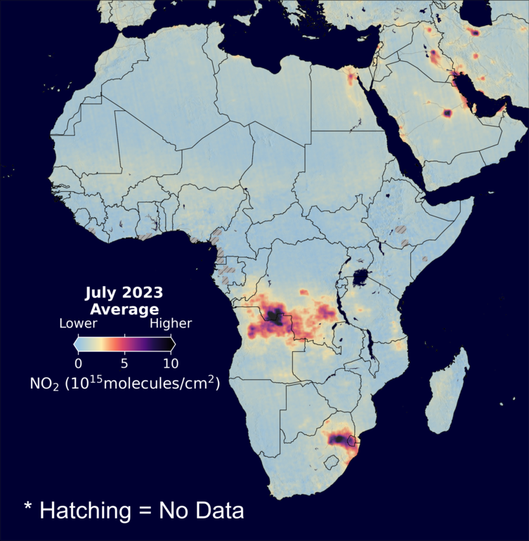An average nitrogen dioxide image over Africa for July 2023.
