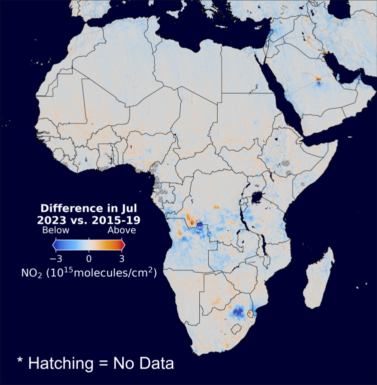 The average minus the baseline nitrogen dioxide image over Africa for July 2023.