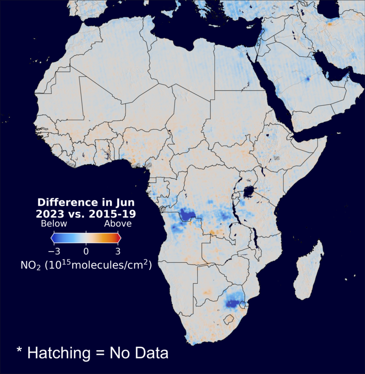 The average minus the baseline nitrogen dioxide image over Africa for June 2023.
