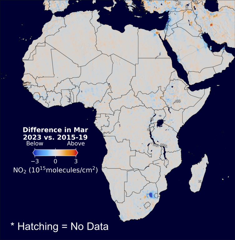 The average minus the baseline nitrogen dioxide image over Africa for March 2023.