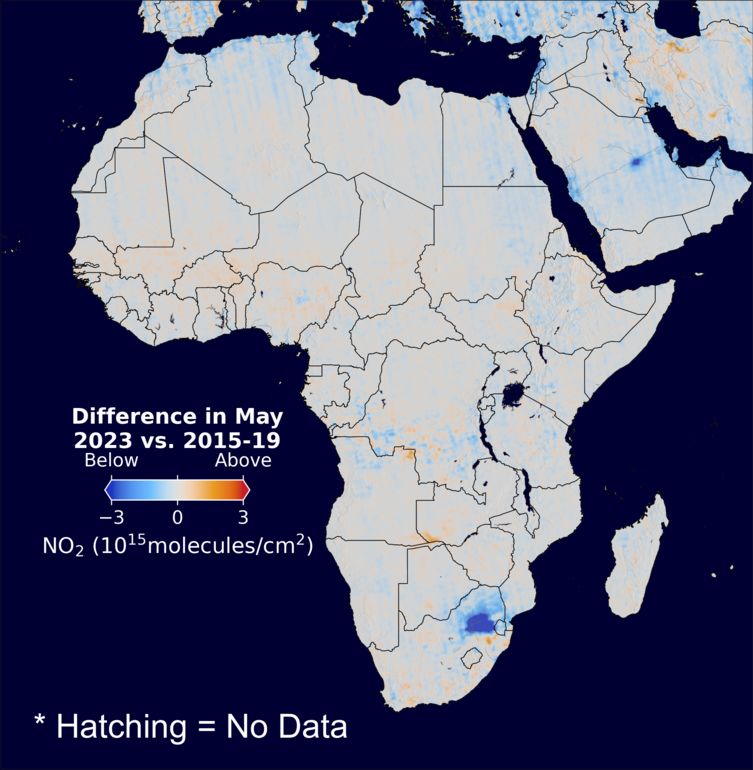 The average minus the baseline nitrogen dioxide image over Africa for May 2023.