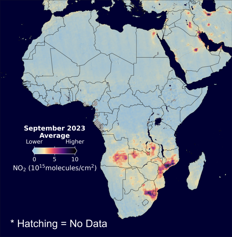 An average nitrogen dioxide image over Africa for September 2023.