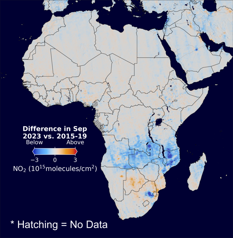 The average minus the baseline nitrogen dioxide image over Africa for September 2023.