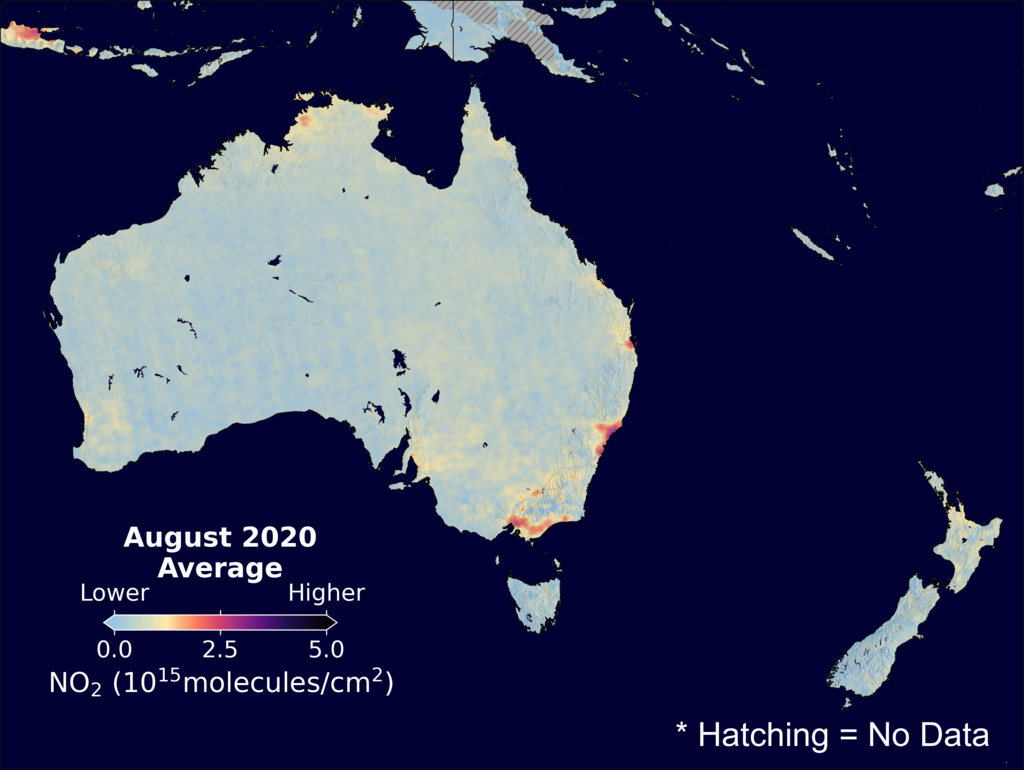 An average nitrogen dioxide image over Australia for August 2020.
